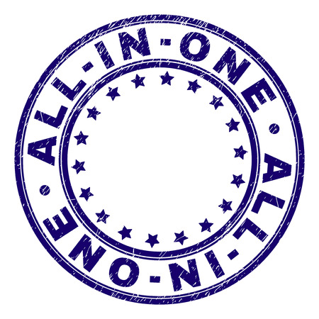 ALL-IN-ONE stamp seal watermark with distress texture. Designed with circles and stars. Blue vector rubber print of ALL-IN-ONE caption with dirty texture.のイラスト素材