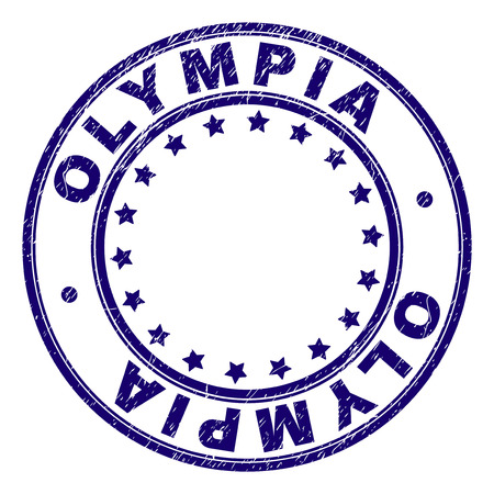 OLYMPIA stamp seal watermark with distress texture. Designed with round shapes and stars. Blue vector rubber print of OLYMPIA caption with corroded texture.のイラスト素材