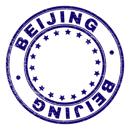 BEIJING stamp seal watermark with grunge texture. Designed with circles and stars. Blue vector rubber print of BEIJING title with scratched texture.のイラスト素材