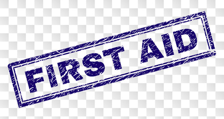FIRST AID stamp seal print with rubber print style and double framed rectangle shape. Stamp is placed on a transparent background. Blue vector rubber print of FIRST AID caption with scratched texture.のイラスト素材