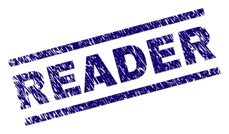 READER seal print with scratced style. Blue vector rubber print of READER title with unclean texture. Text title is placed between parallel lines.のイラスト素材