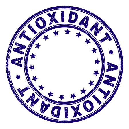 ANTIOXIDANT stamp seal imprint with distress texture. Designed with round shapes and stars. Blue vector rubber print of ANTIOXIDANT caption with corroded texture.のイラスト素材