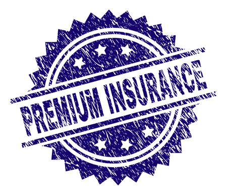 PREMIUM INSURANCE stamp seal watermark with distress style. Blue vector rubber print of PREMIUM INSURANCE title with scratched texture.のイラスト素材