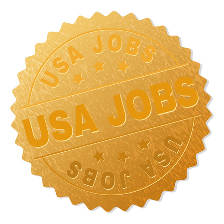 USA JOBS gold stamp award. Vector gold award with USA JOBS text. Text labels are placed between parallel lines and on circle. Golden area has metallic effect.のイラスト素材
