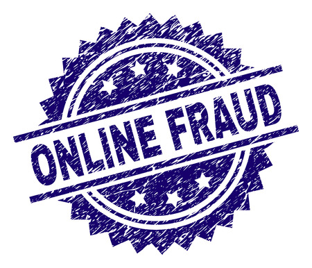 ONLINE FRAUD stamp seal watermark with distress style. Blue vector rubber print of ONLINE FRAUD label with dirty texture.のイラスト素材