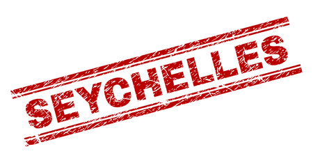 SEYCHELLES seal print with corroded effect. Red vector rubber print of SEYCHELLES text with retro texture. Text caption is placed between double parallel lines.のイラスト素材