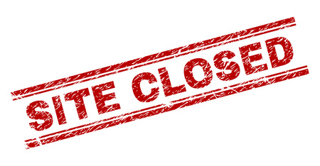 SITE CLOSED seal print with grunge texture. Red vector rubber print of SITE CLOSED title with unclean texture. Text title is placed between double parallel lines.のイラスト素材