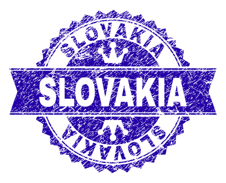 SLOVAKIA rosette stamp watermark with distress style. Designed with round rosette, ribbon and small crowns. Blue vector rubber watermark of SLOVAKIA text with dirty style.のイラスト素材