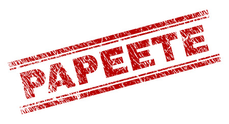 PAPEETE seal imprint with distress texture. Red vector rubber print of PAPEETE text with scratched texture. Text label is placed between double parallel lines.のイラスト素材
