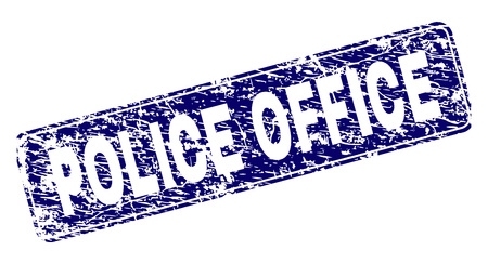 POLICE OFFICE stamp seal print with distress style. Seal shape is a rounded rectangle with frame. Blue vector rubber print of POLICE OFFICE tag with scratched style.のイラスト素材