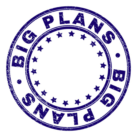 BIG PLANS stamp seal watermark with grunge texture. Designed with round shapes and stars. Blue vector rubber print of BIG PLANS title with retro texture.のイラスト素材