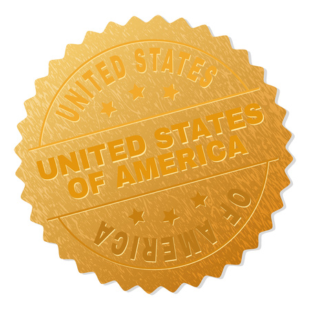 UNITED STATES OF AMERICA gold stamp award. Vector gold award with UNITED STATES OF AMERICA tag. Text labels are placed between parallel lines and on circle. Golden surface has metallic texture.のイラスト素材