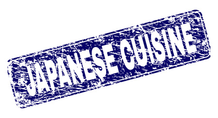 JAPANESE CUISINE stamp seal imprint with grunge texture. Seal shape is a rounded rectangle with frame. Blue vector rubber print of JAPANESE CUISINE label with grunge texture.のイラスト素材