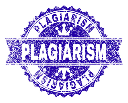 PLAGIARISM rosette seal watermark with distress style. Designed with round rosette, ribbon and small crowns. Blue vector rubber watermark of PLAGIARISM label with scratched style.のイラスト素材