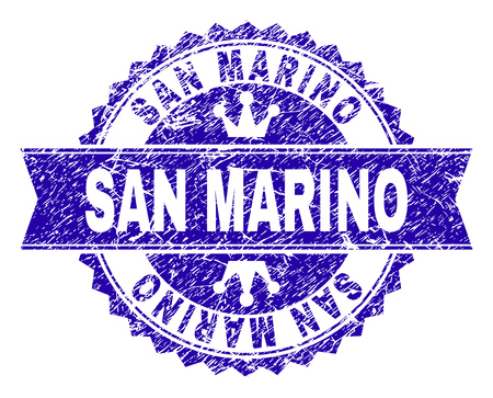 SAN MARINO rosette seal overlay with grunge style. Designed with round rosette, ribbon and small crowns. Blue vector rubber watermark of SAN MARINO label with dirty style.のイラスト素材