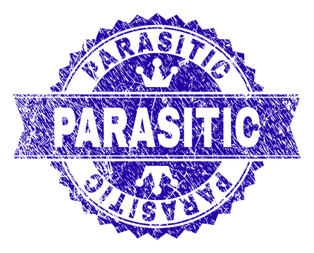 PARASITIC rosette seal watermark with distress style. Designed with round rosette, ribbon and small crowns. Blue vector rubber watermark of PARASITIC tag with retro style.のイラスト素材