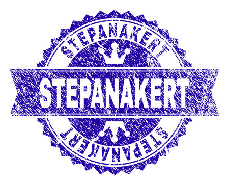 STEPANAKERT rosette stamp imitation with distress style. Designed with round rosette, ribbon and small crowns. Blue vector rubber watermark of STEPANAKERT text with corroded style.のイラスト素材