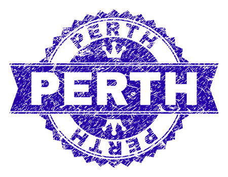 PERTH rosette stamp watermark with grunge texture. Designed with round rosette, ribbon and small crowns. Blue vector rubber print of PERTH label with grunge texture.のイラスト素材