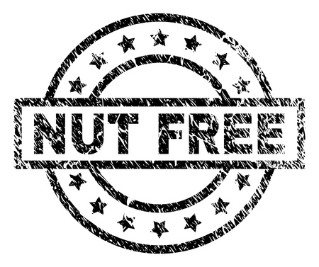 NUT FREE stamp seal watermark with distress style. Designed with rectangle, circles and stars. Black vector rubber print of NUT FREE label with grunge texture.のイラスト素材