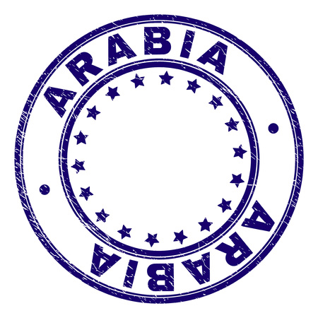 ARABIA stamp seal imprint with grunge texture. Designed with round shapes and stars. Blue vector rubber print of ARABIA title with corroded texture.のイラスト素材