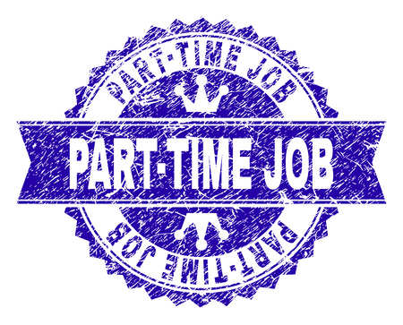 PART-TIME JOB rosette stamp watermark with grunge style. Designed with round rosette, ribbon and small crowns. Blue vector rubber watermark of PART-TIME JOB text with scratched style.のイラスト素材