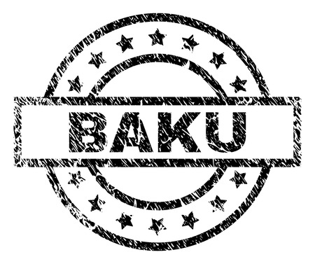 BAKU stamp seal watermark with distress style. Designed with rectangle, circles and stars. Black vector rubber print of BAKU label with corroded texture.のイラスト素材