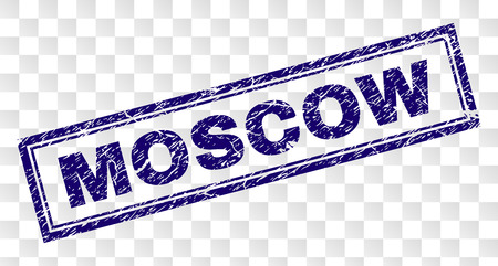 MOSCOW stamp seal print with corroded style and double framed rectangle shape. Stamp is placed on a transparent background. Blue vector rubber print of MOSCOW tag with grunge texture.のイラスト素材