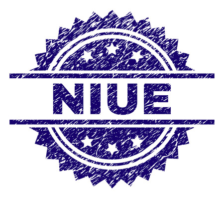NIUE stamp seal watermark with distress style. Blue vector rubber print of NIUE text with unclean texture.のイラスト素材