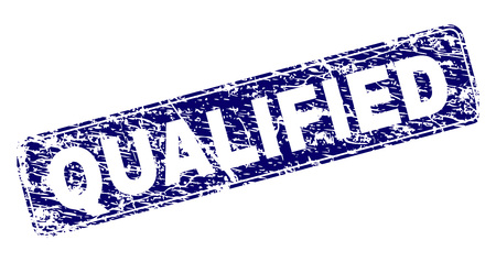 QUALIFIED stamp seal watermark with grunge style. Seal shape is a rounded rectangle with frame. Blue vector rubber print of QUALIFIED title with grunge style.のイラスト素材