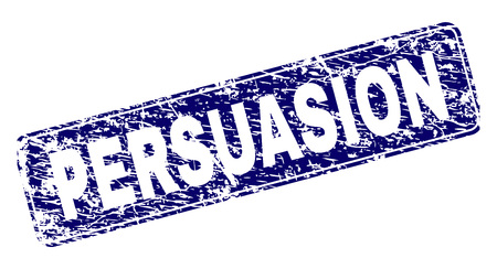 PERSUASION stamp seal print with grunge texture. Seal shape is a rounded rectangle with frame. Blue vector rubber print of PERSUASION title with grunge style.のイラスト素材