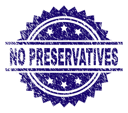 NO PRESERVATIVES stamp seal watermark with distress style. Blue vector rubber print of NO PRESERVATIVES label with corroded texture.のイラスト素材