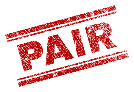 PAIR seal stamp with corroded texture. Red vector rubber print of PAIR text with dirty texture. Text tag is placed between double parallel lines.のイラスト素材