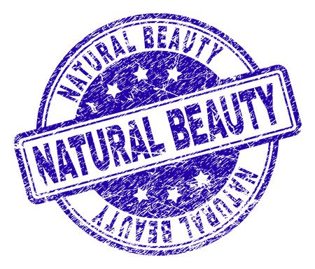 NATURAL BEAUTY stamp seal imprint with grunge style. Designed with rounded rectangles and circles. Blue vector rubber print of NATURAL BEAUTY label with grunge texture.のイラスト素材