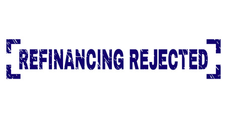REFINANCING REJECTED text seal watermark with distress texture. Text tag is placed inside corners. Blue vector rubber print of REFINANCING REJECTED with retro texture.のイラスト素材