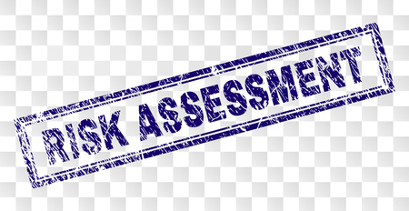 RISK ASSESSMENT stamp seal print with scratched style and double framed rectangle shape. Stamp is placed on a transparent background.のイラスト素材