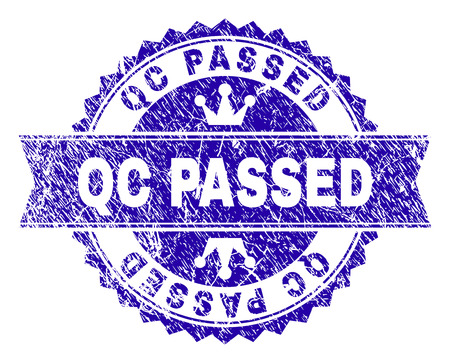QC PASSED rosette stamp watermark with grunge style. Designed with round rosette, ribbon and small crowns. Blue vector rubber watermark of QC PASSED tag with grunge style.のイラスト素材
