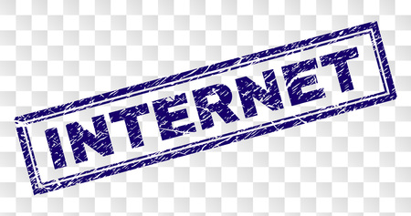 INTERNET stamp seal print with rubber print style and double framed rectangle shape. Stamp is placed on a transparent background. Blue vector rubber print of INTERNET text with retro texture.のイラスト素材