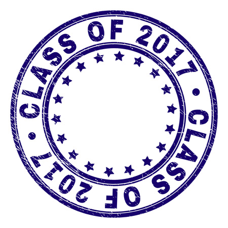 CLASS OF 2017 stamp seal watermark with grunge texture. Designed with round shapes and stars. Blue vector rubber print of CLASS OF 2017 caption with grunge texture.のイラスト素材