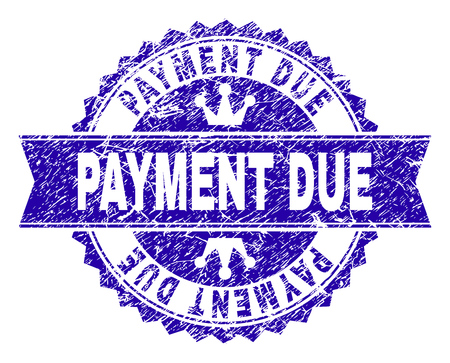 PAYMENT DUE rosette stamp imprint with distress texture. Designed with round rosette, ribbon and small crowns. Blue vector rubber print of PAYMENT DUE text with dust texture.のイラスト素材