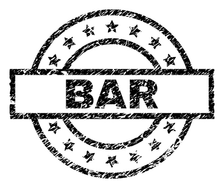 BAR stamp seal watermark with distress style. Designed with rectangle, circles and stars. Black vector rubber print of BAR caption with grunge texture.のイラスト素材