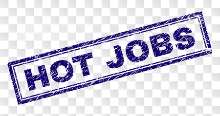 HOT JOBS stamp seal print with rubber print style and double framed rectangle shape. Stamp is placed on a transparent background. Blue vector rubber print of HOT JOBS title with dirty texture.のイラスト素材