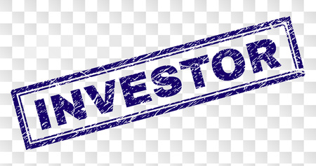 INVESTOR stamp seal print with scratched style and double framed rectangle shape. Stamp is placed on a transparent background. Blue vector rubber print of INVESTOR caption with grunge texture.のイラスト素材