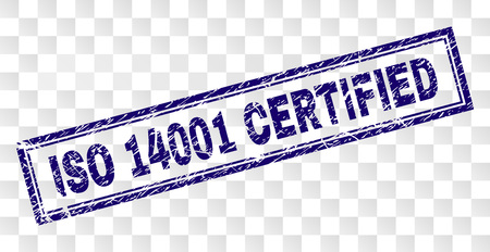ISO 14001 CERTIFIED stamp seal print with rubber print style and double framed rectangle shape. Stamp is placed on a transparent background.のイラスト素材