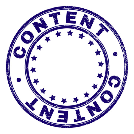 CONTENT stamp seal imprint with grunge texture. Designed with round shapes and stars. Blue vector rubber print of CONTENT title with corroded texture.のイラスト素材