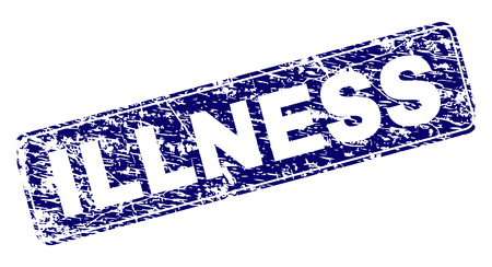 ILLNESS stamp seal print with distress texture. Seal shape is a rounded rectangle with frame. Blue vector rubber print of ILLNESS caption with scratched texture.のイラスト素材