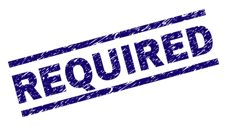 REQUIRED seal print with scratced style. Blue vector rubber print of REQUIRED text with dirty texture. Text caption is placed between parallel lines.のイラスト素材