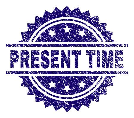 PRESENT TIME stamp seal watermark with distress style. Blue vector rubber print of PRESENT TIME title with grunge texture.のイラスト素材