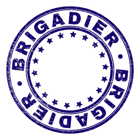 BRIGADIER stamp seal imprint with distress texture. Designed with circles and stars. Blue vector rubber print of BRIGADIER tag with dirty texture.のイラスト素材