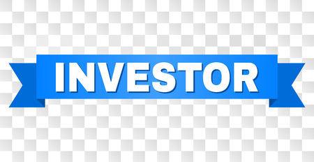 INVESTOR text on a ribbon. Designed with white title and blue tape. Vector banner with INVESTOR tag on a transparent background.のイラスト素材