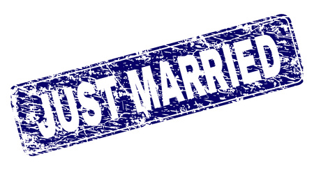 JUST MARRIED stamp seal print with distress style. Seal shape is a rounded rectangle with frame. Blue vector rubber print of JUST MARRIED caption with corroded style.のイラスト素材